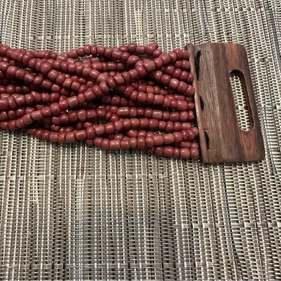 Bali Maroon Brown 14 Strand Bead Bracelet Wood Clasp Hard Wood Boho Casual - Picture 9 of 13